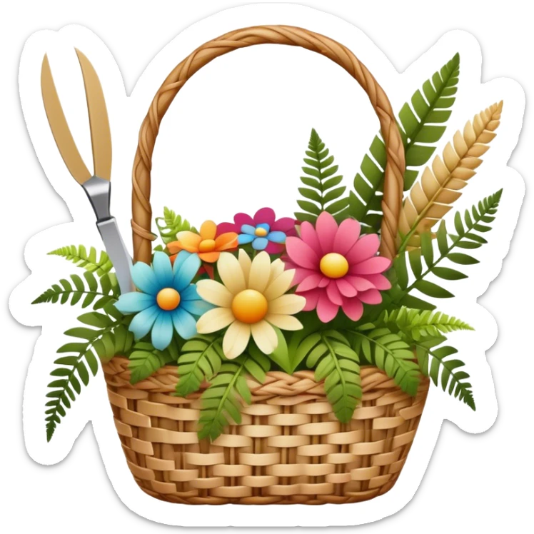 Icon for Floristry: a woven basket with flowers, reeds, ferns, bright ribbons and a small plush toy. Add scissors and knife. The icon should represent creativity in flower arrangement and decorative design. Transparent background. sticker