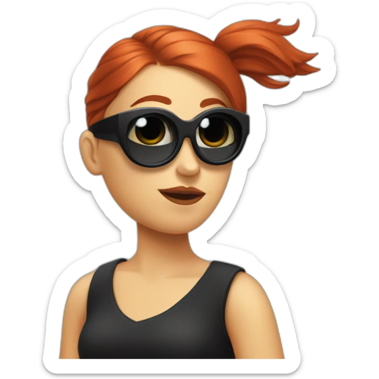 Bad Redhead girl bun Sun glass bun and wearing black with a cockatiel in the shoulder sticker