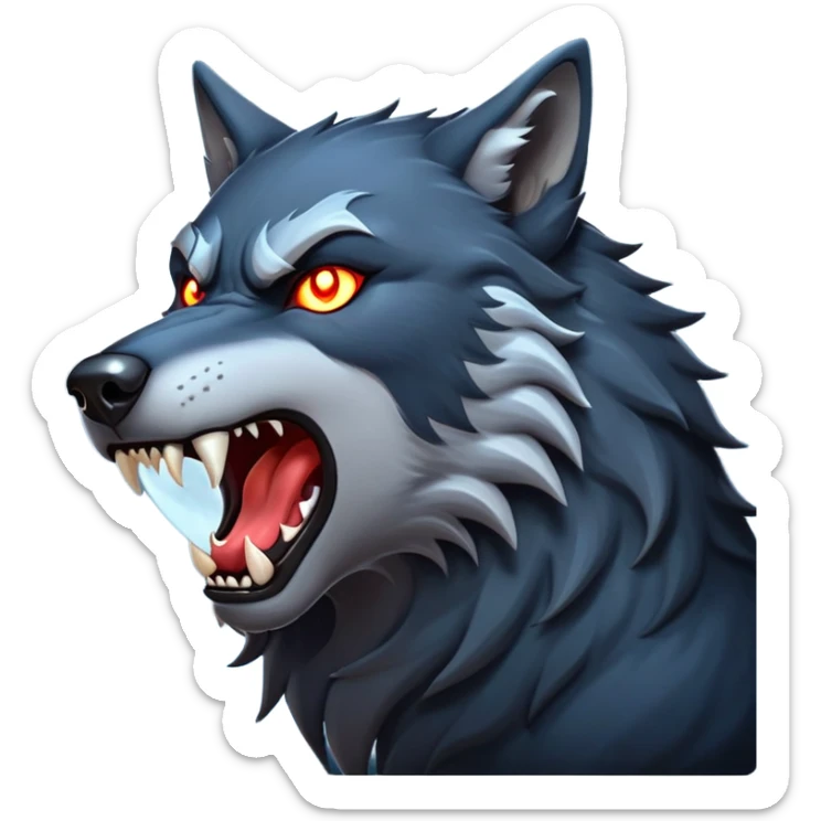 cinematic-noble-fierce-werewolf-howling-portrait-emoji, poised-and-imposing, with a fierce wolfish face tilted upwards in a haunting howl, glowing eyes full of primal ferocity, sharp, and a rugged snout, fur rippling in shades of midnight black and silver, muscles tensed as the powerful howl echoes beneath the moonlit sky; rendered with realism, capturing the raw, untamed power of the beast in its wild, primal state sticker