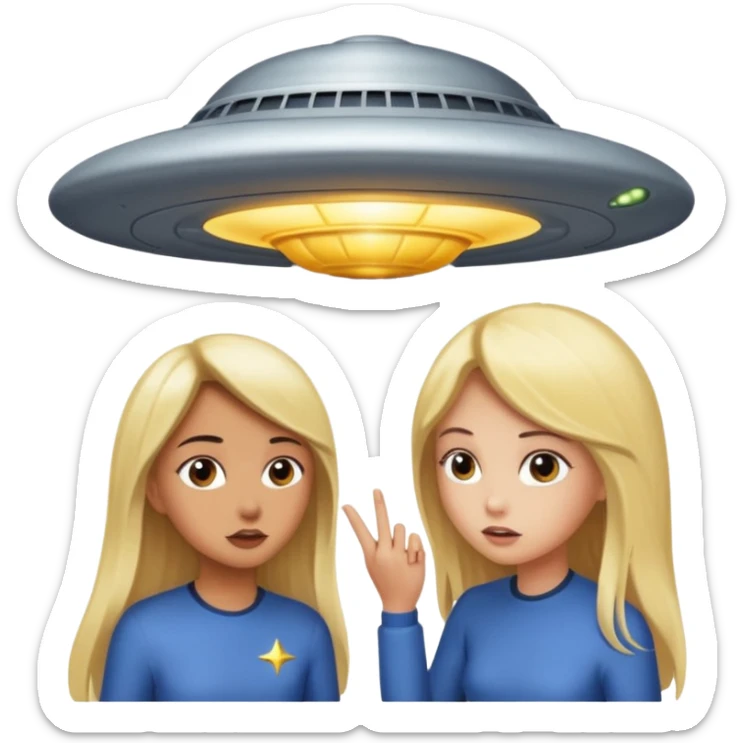 A girl with dark hair and a tan skin and a girl with long blonde hair getting sucked up by a ufo sticker