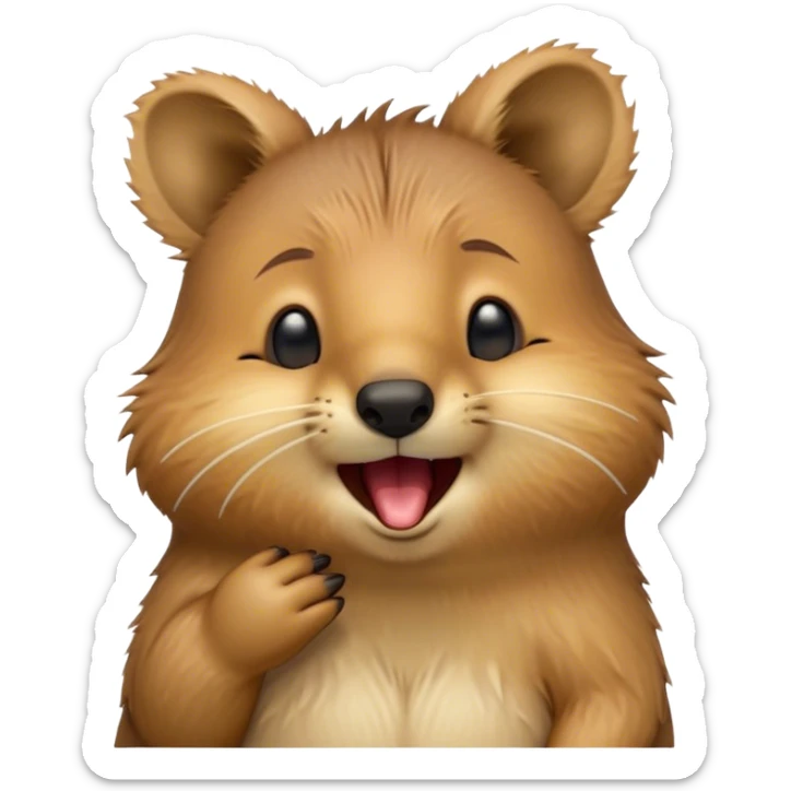 Cinematic Cute Yawning Quokka Portrait Emoji, Head tilted slightly with a dramatic, wide-open yawn, showcasing a soft, downy brown fur with a slightly droopy expression and eyes barely open in drowsy contentment, Simplified yet irresistibly adorable features, highly detailed, glowing with a soft, cozy glow, high shine, relaxed yet expressive, stylized with a touch of playful charm, bright and endearing, soft glowing outline, capturing the essence of a sleepy yet affectionate quokka, so drowsy it feels like it could stretch out of the screen and curl up for a nap! sticker