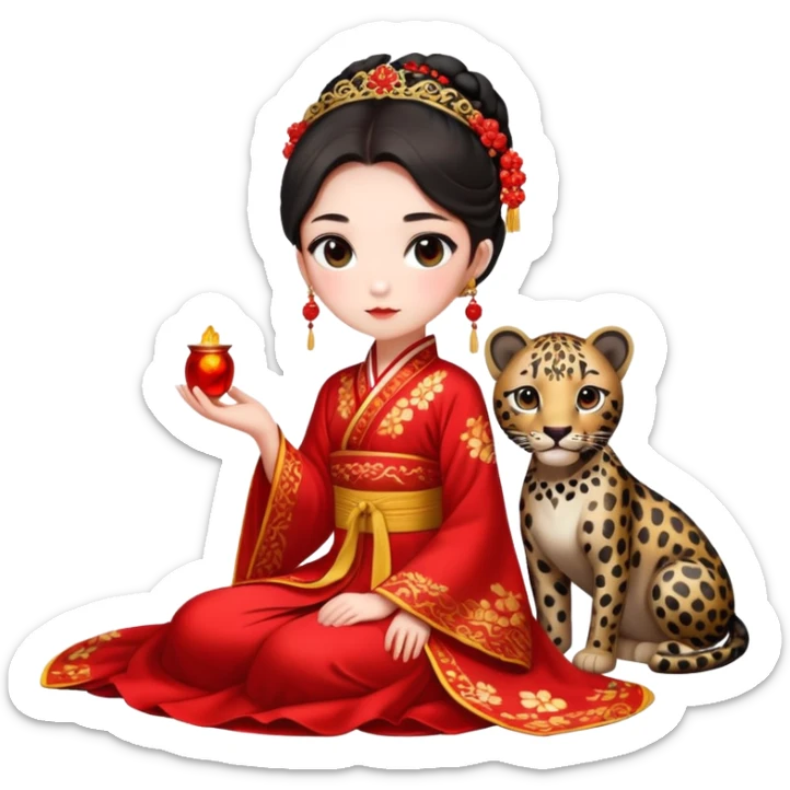 A beautiful girl in red Hanfu wedding dress sits on the ground holding a black leopard sticker