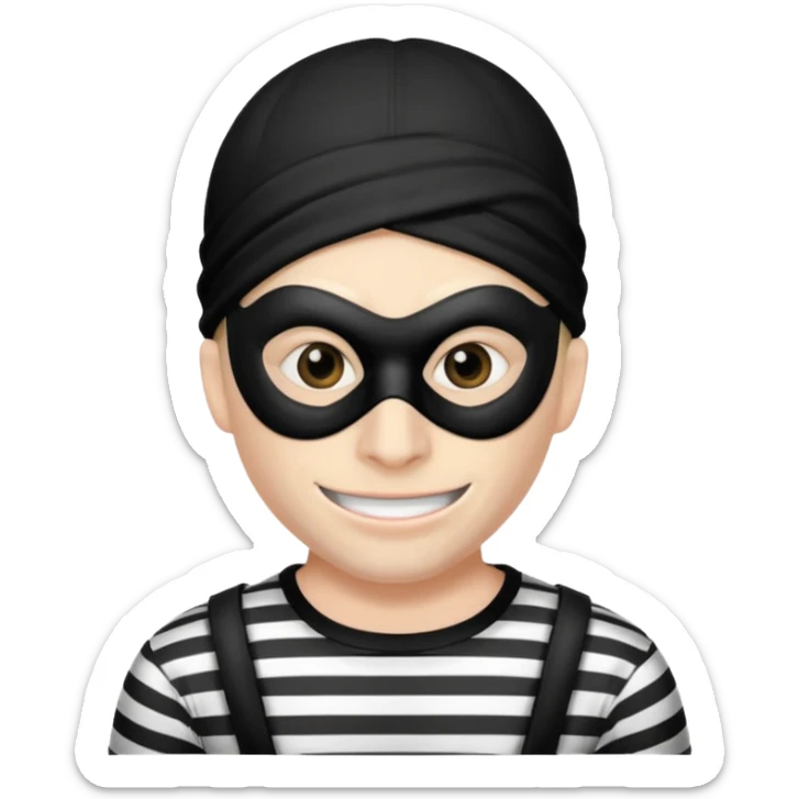 a portrait of robber, mask-wearing with sneaky eyes and a mischievous grin sticker