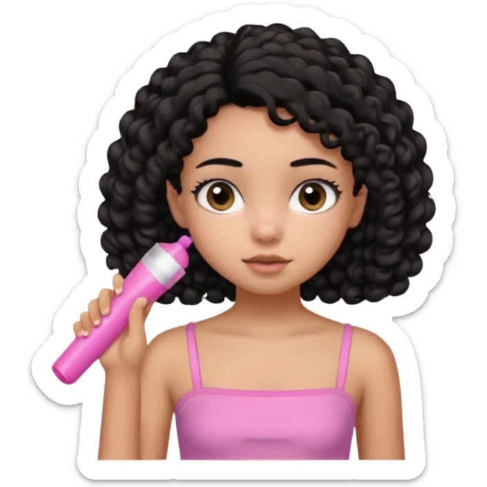 A black 12 yr old girl brushing her shoulder length hair, doe eyes, almond eyes pink tube top and black hair like the 3rd sticker