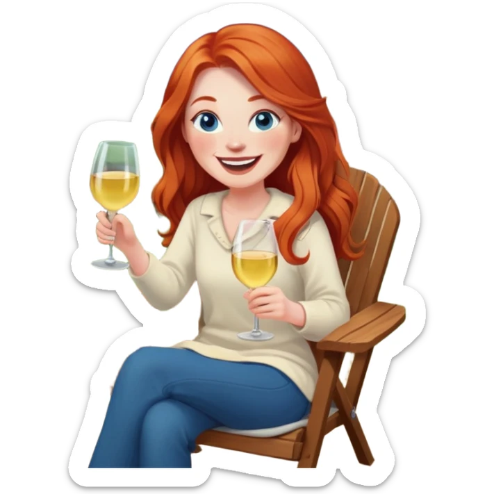 Laughing redhead with long hair and blue eyes holding chardonnay sitting in chair beside fire pit  sticker