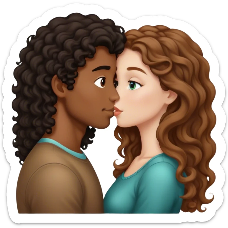White girl with brown hair kissing a brown boy with curly hair  sticker