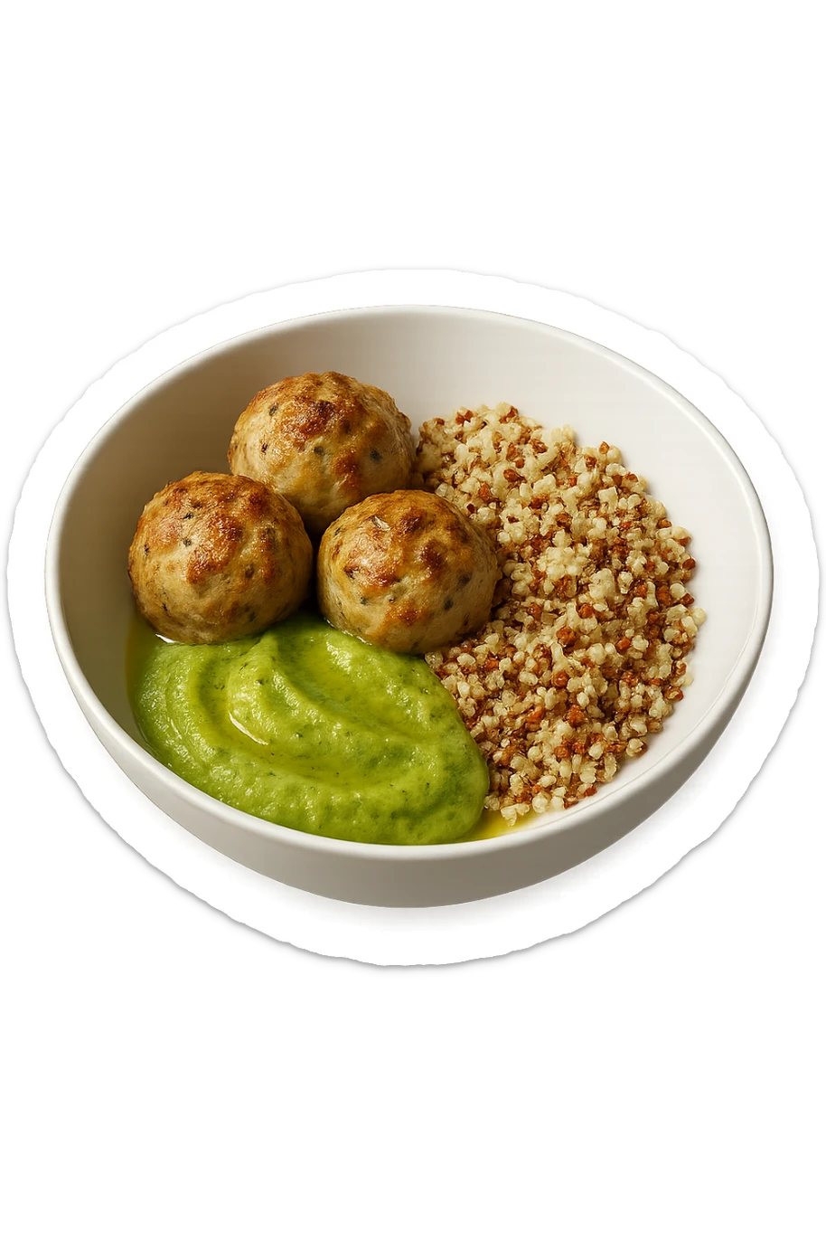 bowl bianca fluttua in aria con polpette di tacchino, purè di zucchine, quinoa e olio di oliva, iperrealistico 4k sticker