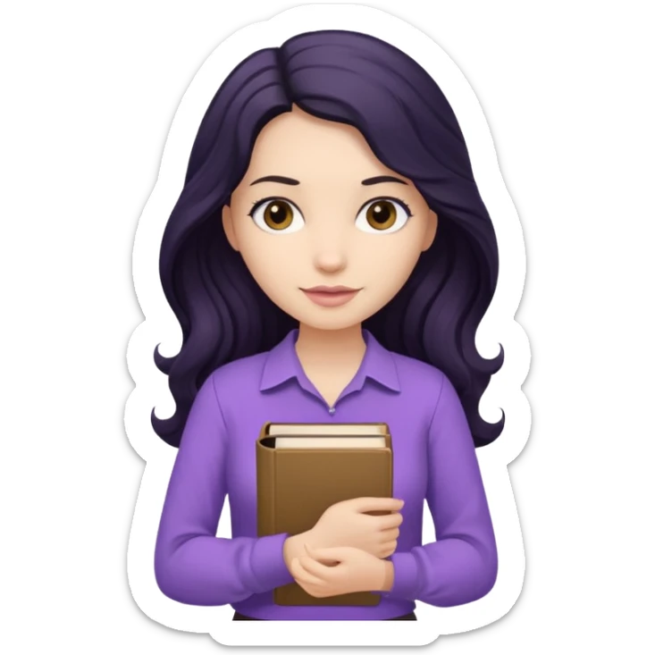 Long Hair Women with Black wavy hair, with purple Book, beige shir, without background sticker