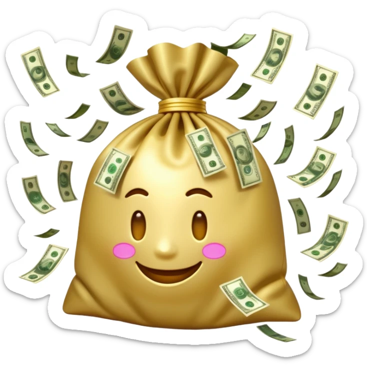 

3D emoji style, big bag of money, flying dollar bills, rich casino vibe, smooth lighting, high detail, clean edges, transparent background



 sticker