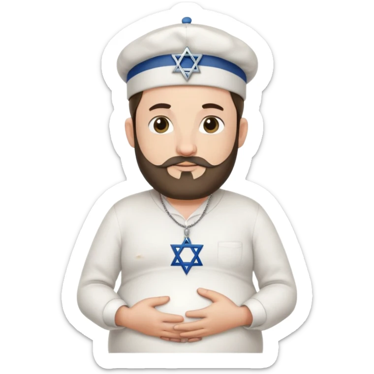 Pregnant Jewish man facing left with hands on belly, wearing a kippah and Star of David necklace, with facial hair sticker