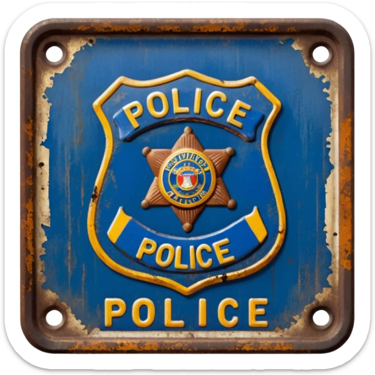 cinematic - aesthetic brilliant divine lighting, oil paint - vintage police plate rusty and broken sticker