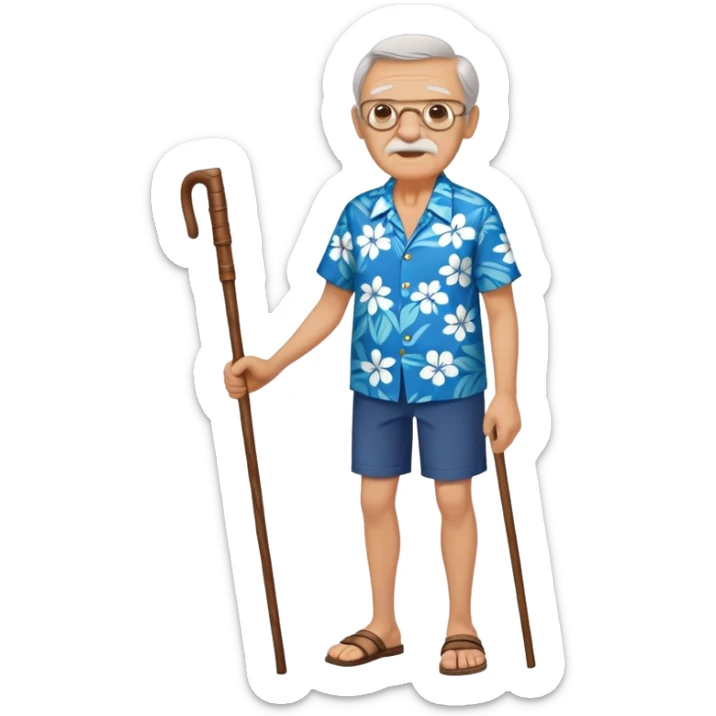 old man with hawai blue floweral shirt  full body with stick sticker
