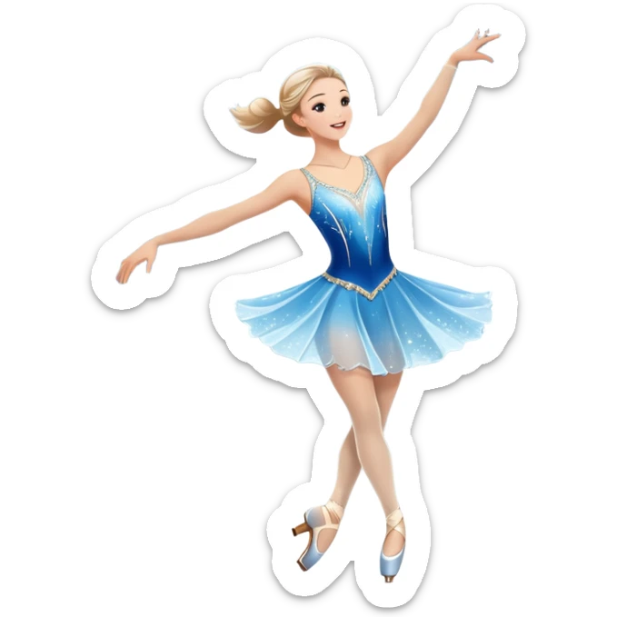 An icon showing a graceful figure skater mid-spin on a sparkling ice rink, wearing an elegant costume. The background features festive arena lights, snowflakes, and cheering spectators. Transparent background captures the beauty, artistry, and elegance of figure skating. sticker