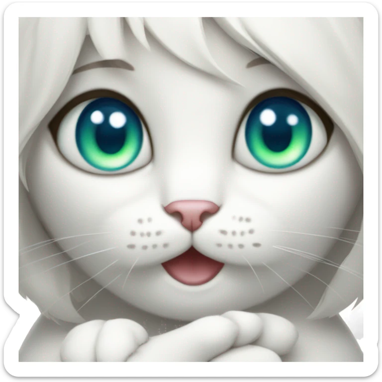 A white cat with blue eyes in the arms of a brunette girl with green eyes sticker