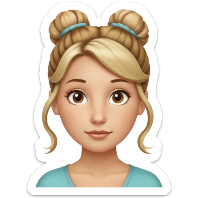 creative women with long dark Blond with highlights semi curly hair white women with hair in a top bun, oval shape face hazel eyes long lashes freckles on the nose high cheek bones sticker
