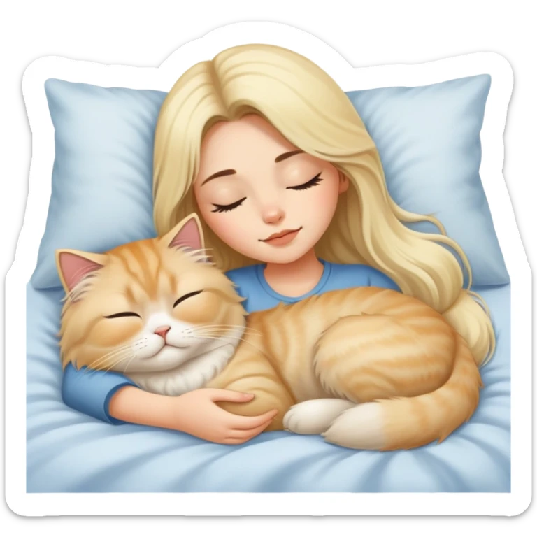 pretty girl with dark long hair sleeping with blonde fluffy  persian cat in bed sticker