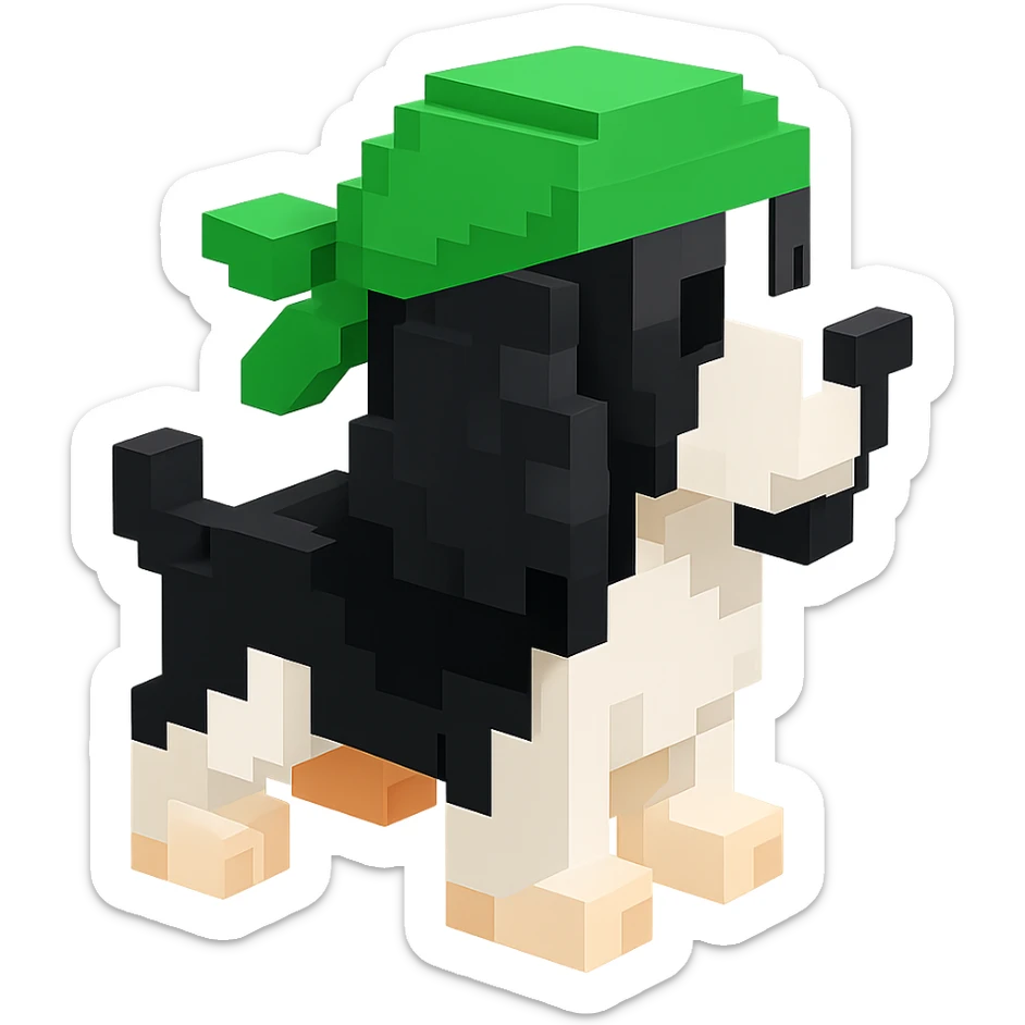 A black and white Russian Cocker Spaniel puppy wearing a green durag, facing right sticker