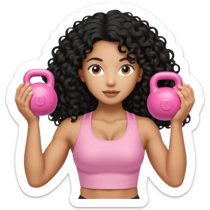 Mixed-race athletic woman with bronzed caramel skin, pastel pink kettlebell in hand with long black curly hair  sticker