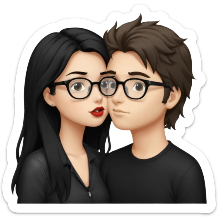 Un garçon avec les cheveux brin très clair ébouriffés, qui embrasse une fille avec les cheveux noir long et lisse , qui a des traits d’eye-liner et des lunettes noir avec un piercing au nez sticker