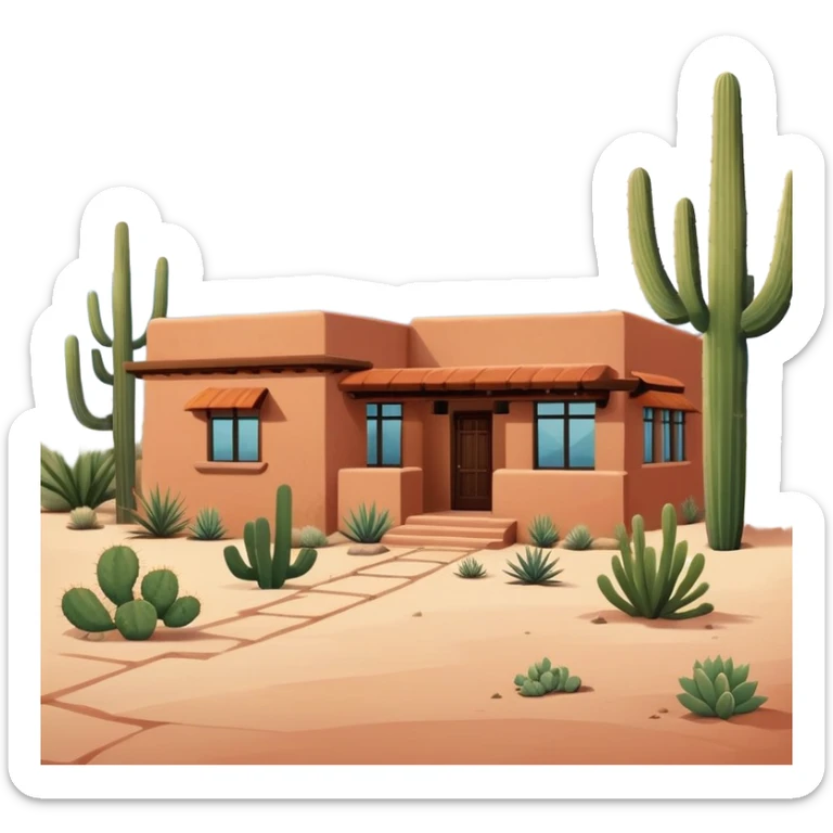 Tucson style house with adobe walls, flat roof, southwestern architecture, desert landscaping, cactus sticker