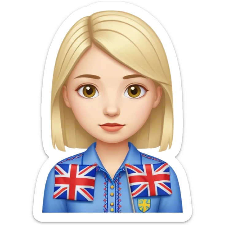 A Ukrainian girl wearing an embroidered shirt holds a British flag sticker