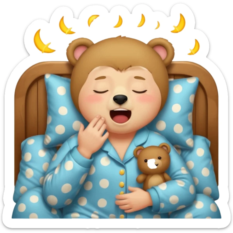 Full Beary yawning, half-closed eyes, sleepy smile, cozy pajamas, warm lighting, bedtime aesthetic sticker