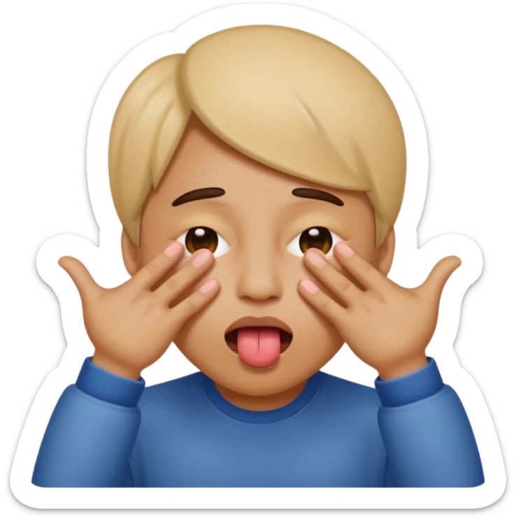 fait un emoji qui se cache les yeux avec ces main et qui tire la langue sur le côté sticker