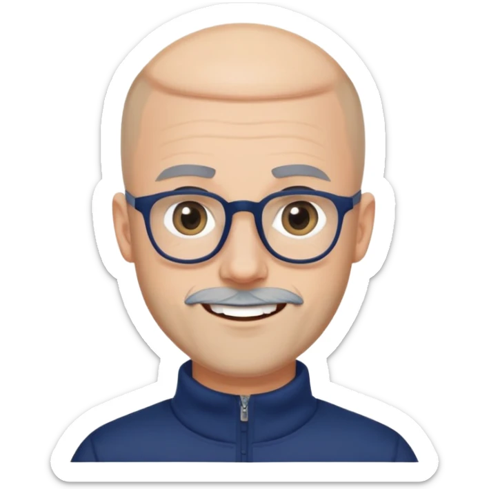Caucasian man with skin fade haircut (bald on sides fading to short on top), short beard with gray streaks, large black eyeglasses, cheerful expression, navy blue long sleeve sweatshirt with quarter zip sticker