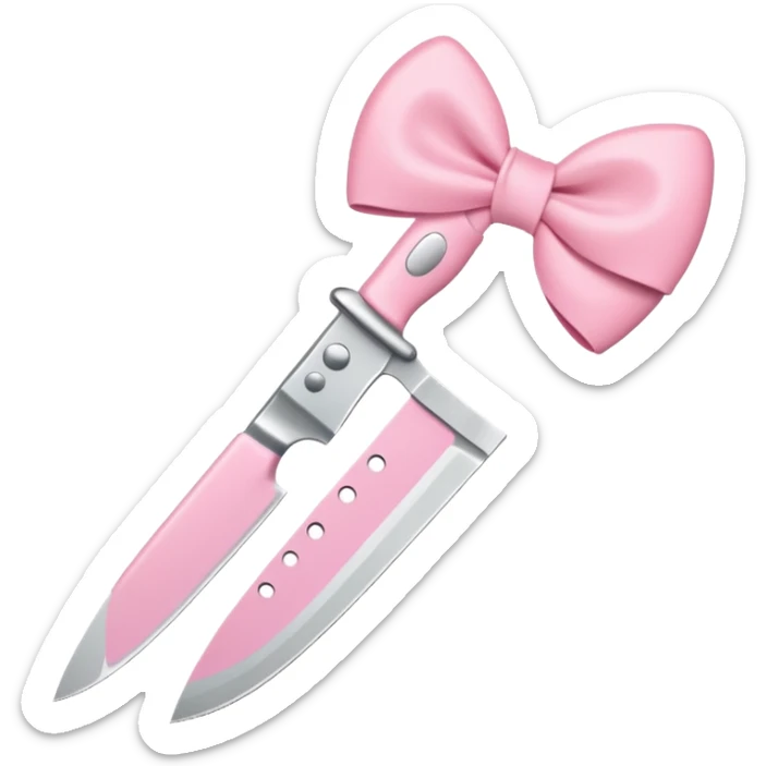 Cute emoji style illustration of a kitchen knife with a pink bow tied directly around the handle of the knife, not floating, not separate, kawaii style, rounded shapes, pastel colors, friendly look, flat vector design, white or transparent background, simple emoji icon sticker