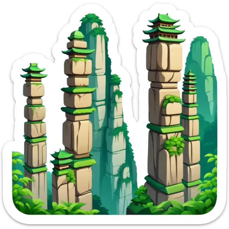 Zhangjiajie Avatar mountains, simplified emoji style with bold outlines and bright colors, cartoon style tall stone pillars with greenery sticker