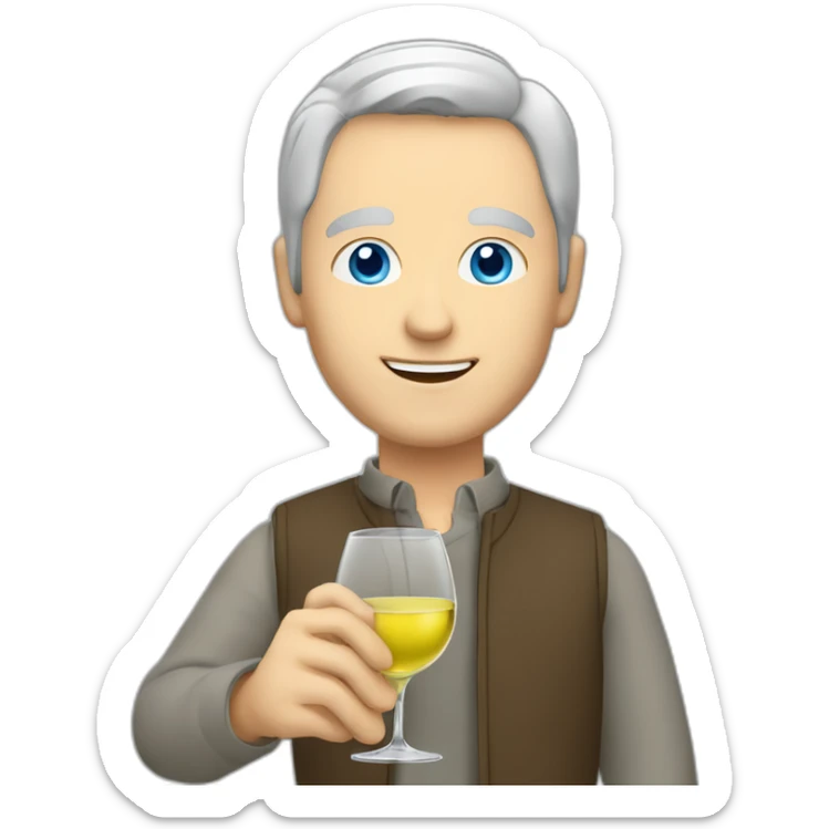a caucasian man with blue eyes and short grey hair, toasting with a glass of white wine sticker