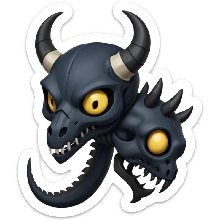Shiny Dark Edgy  Duskull-Salandit-Inteleon-Amaura-Fakémon-hybrid-creature (full body) with a horned animal-skull-mask sticker