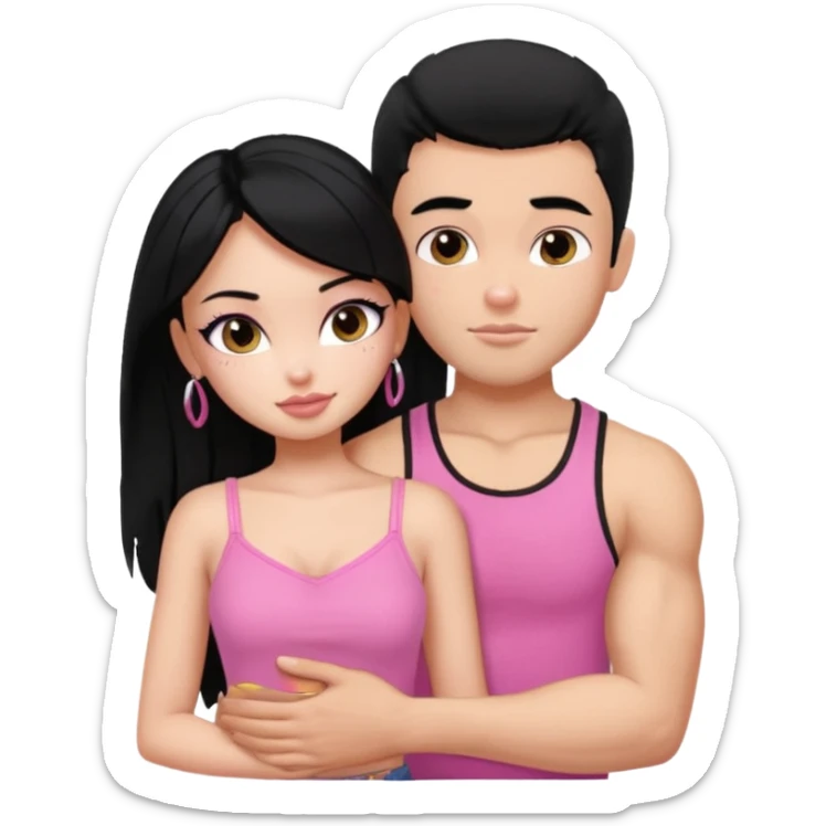 a pretty bratz fair girl. black hair, wearing a pink cami top, she is hugging a handsome fair guy with black hair. lean but muscular.the boy is wearing a black tshirt sticker