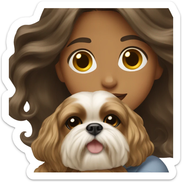 Young dark brunette medium kin hair woman with a golden shih tzu in her arms long wavy hair sticker