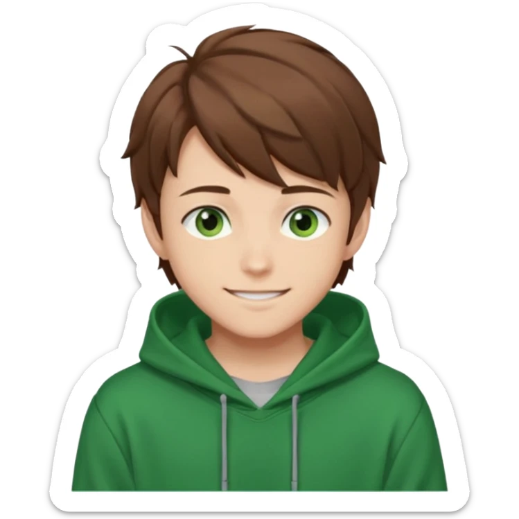 Anime teen boy with brown hair, green eyes, and a green hoodie, looking smiling slightly sideways positioned. 128px sticker