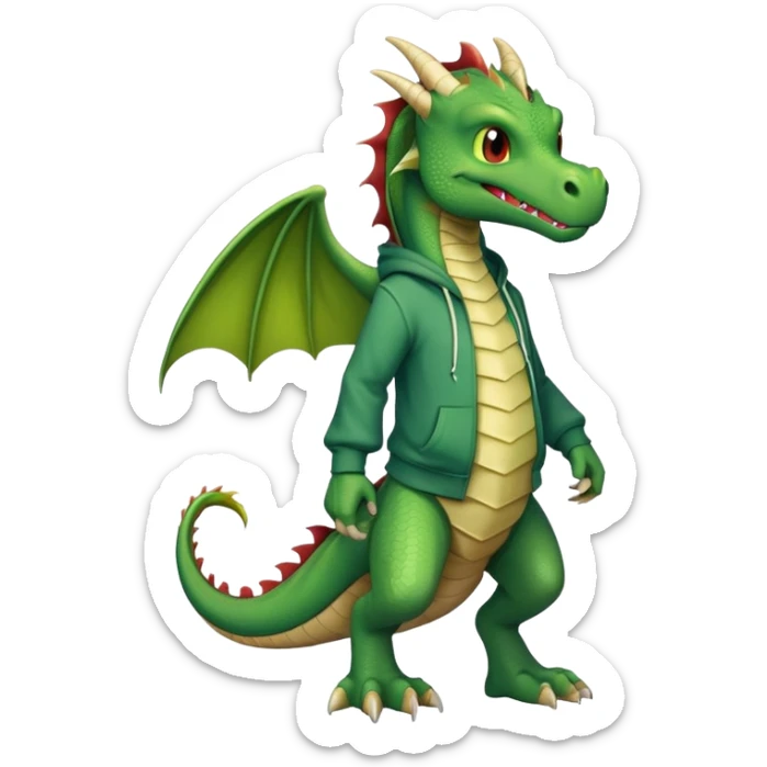 friendly anthropomorphised green dragon in a hoodie and jeans walking upright sticker