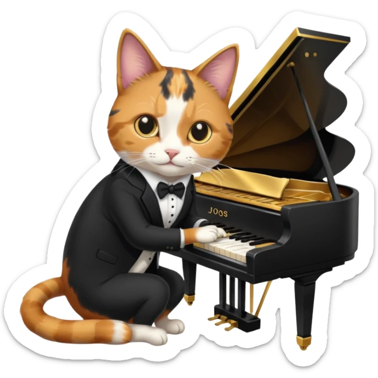 calico cat play gold piano, wear black suit, portrait sticker