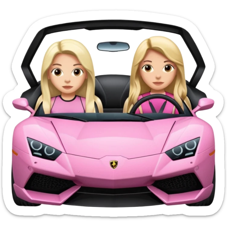 Make car far away so I can see full car Car facing forward in sports car. Make hair long  two girls in car far away Front of car sitting in the seats. Make it a pink sports car. They are two baddies make it a Lamborghini pink car  sticker