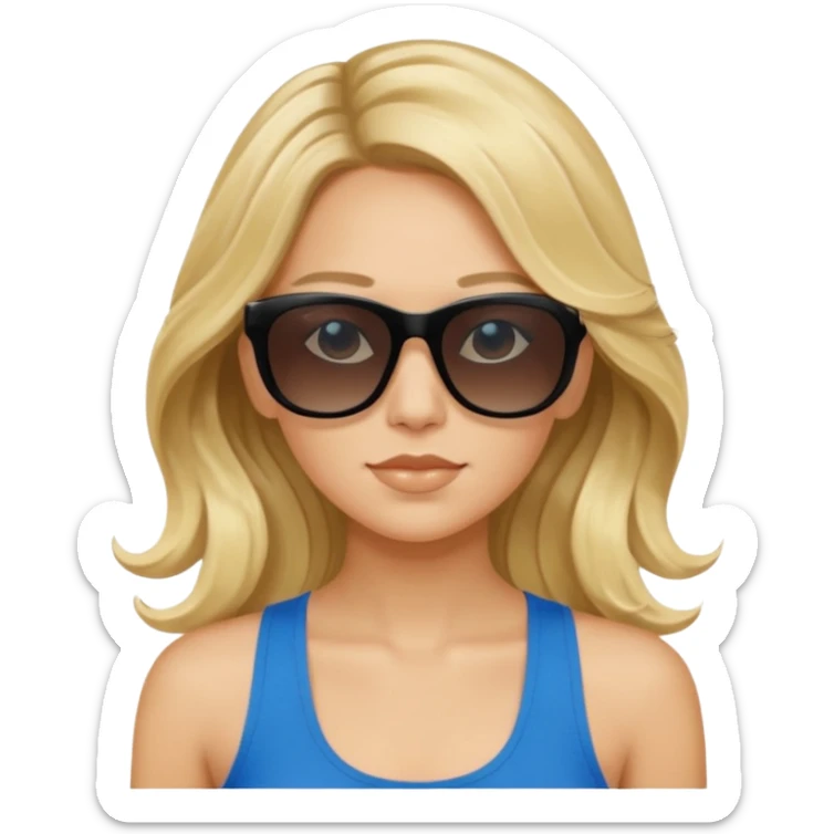 an olive tan woman with long, wavy blonde hair in a blue tank top wearing black Prada sunglasses sticker