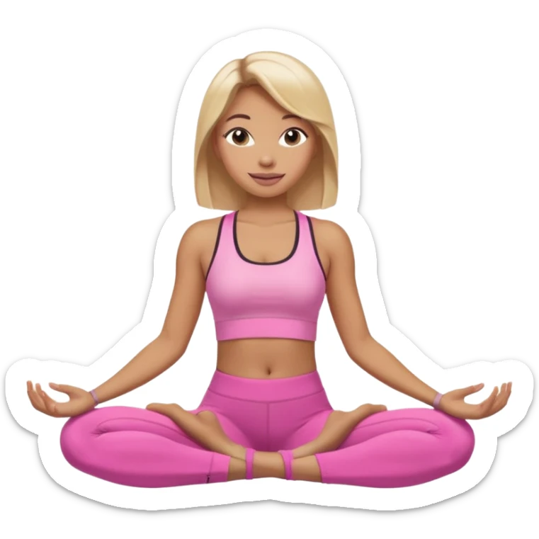 Mujer color de piel moreno claro con cabello rubio suelto y lacio, que tenga gloss en los labios y se vea usando Blush rosita, usando un top rosa deportivo y leggins deportivo rosa en una pose de yoga, viendo hacia enfrente con ojos negros y sonriendo sin mostrar los dientes sticker