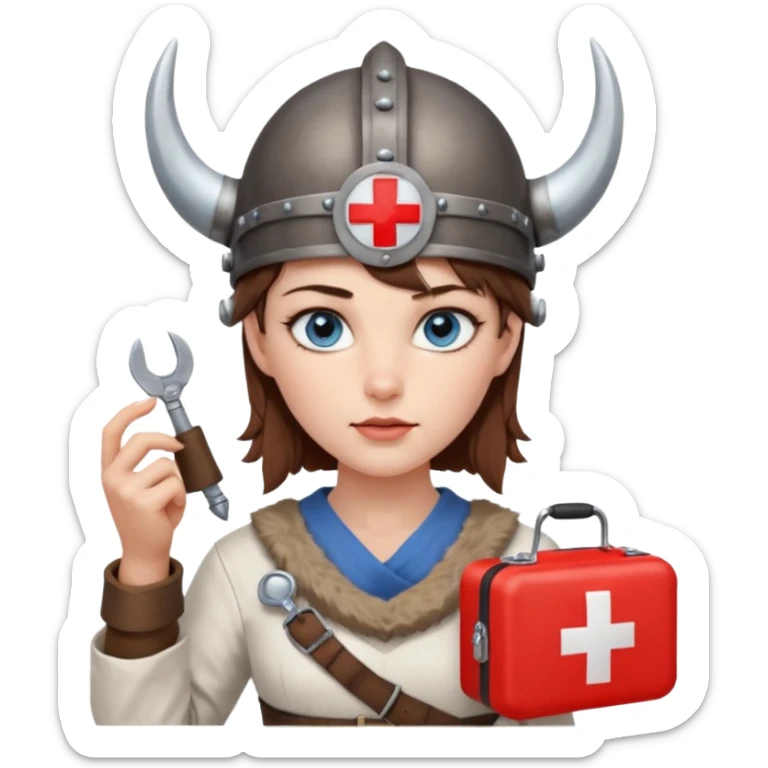 A young woman with beautiful blue eyes, short brown hair shaved on the sides, giving her a Viking look and a horned helmet. She holds a medical kit with a red cross icon in her hand. A stereoscope hangs around her neck. sticker