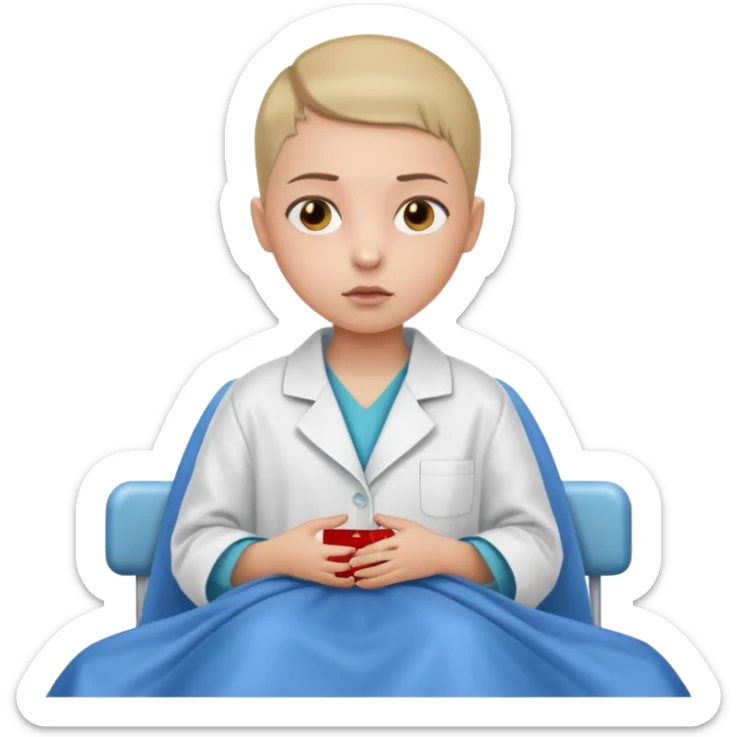 A nine year old girl that is wearing a hospital bed coat that has a buzz cut and her nose is bleeding sticker