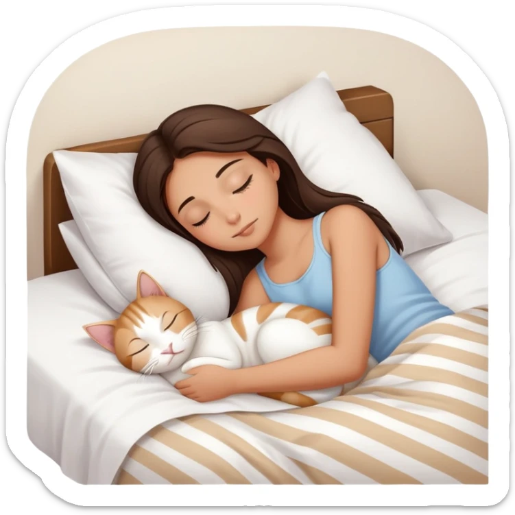 side view brunette teenage girl sleeping with white cat that has beige stripes on a white pillow with white sheets sticker