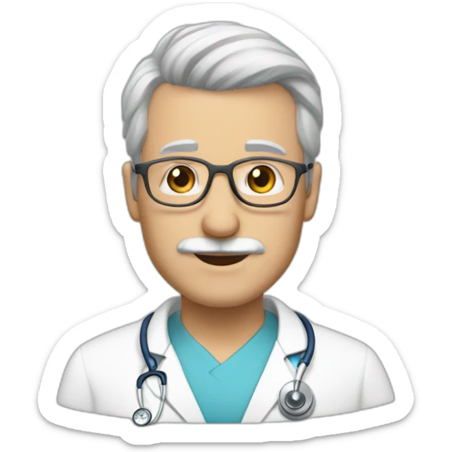 a white doctor with gray hair on the sides. bald in the middle, with glasses and a mustache and blue eyes sticker