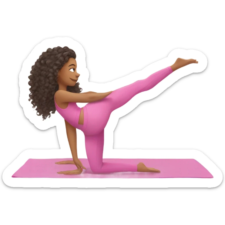 a gorgeous mixed girl with long curly hair to the floor doing pilates in an all pink outfit on a white yoga mat, and long eyelashes sticker