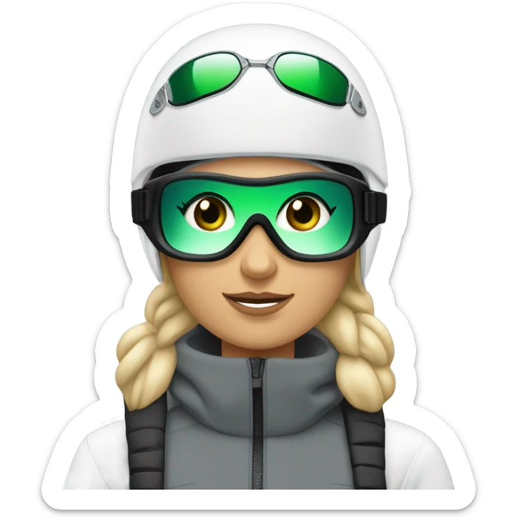 Green-eyed, fat female skier with medium-length straight blonde hair no curls, snow goggles on top of helmet, white ski helmet, gray snow jacket, green ski gloves, long black pants rolled up at the bottom, black only snow boots standing tall. sticker