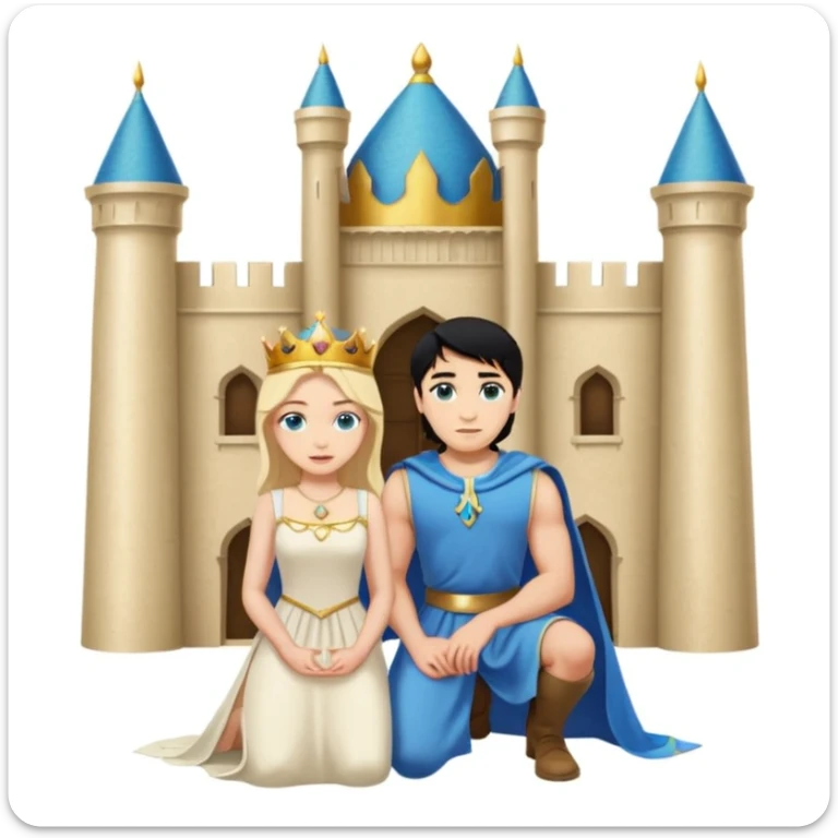 Man as king, standing, black Hair, blue eyes, woman, blonde, green eyes, shott white sleveless Dress, kneeling, background palace sticker