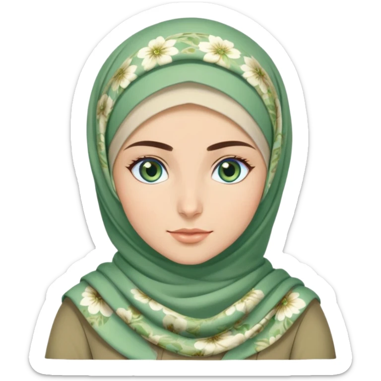 Turkish beautiful finish Konya girl blue eyes and green khaki hijab and light green floral dress and she work on office sticker
