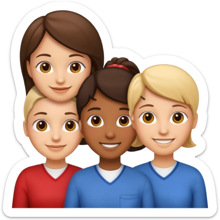 emoji cartoon of three young diverse teachers' heads with friendly expressions, simple apple emoji style sticker