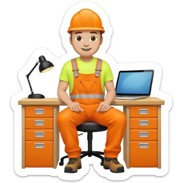 full body male figure in orange hi-vis overalls sitting at a desk, emoji style sticker